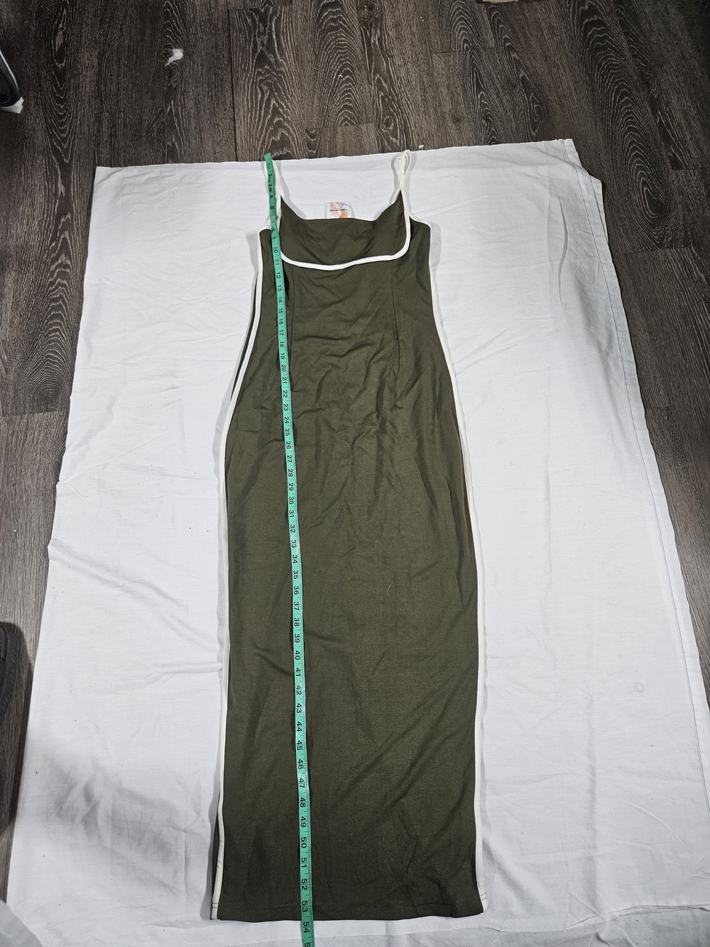 Olive Green Maxi Dress with White Trim and Adjustable Straps - Picture 3 of 8